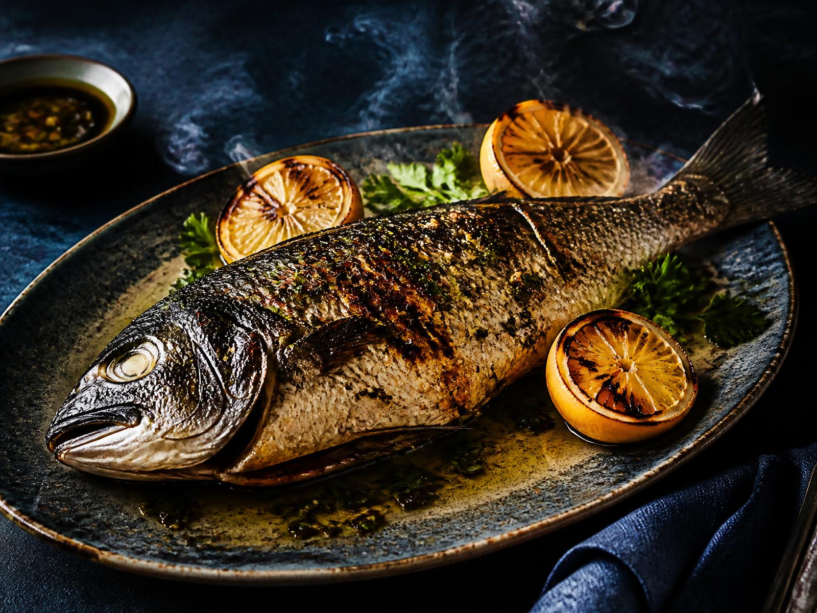 Whole charcoal grilled branzino with charred lemon on a ceramic platter